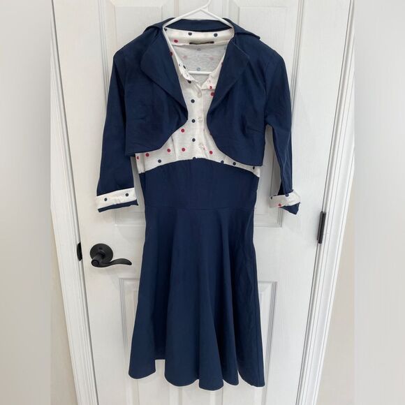 iHot Retro Vintage Style Dress Polka Dot Pin Up 50s Navy Bolero Dress Size S - Picture 2 of 7